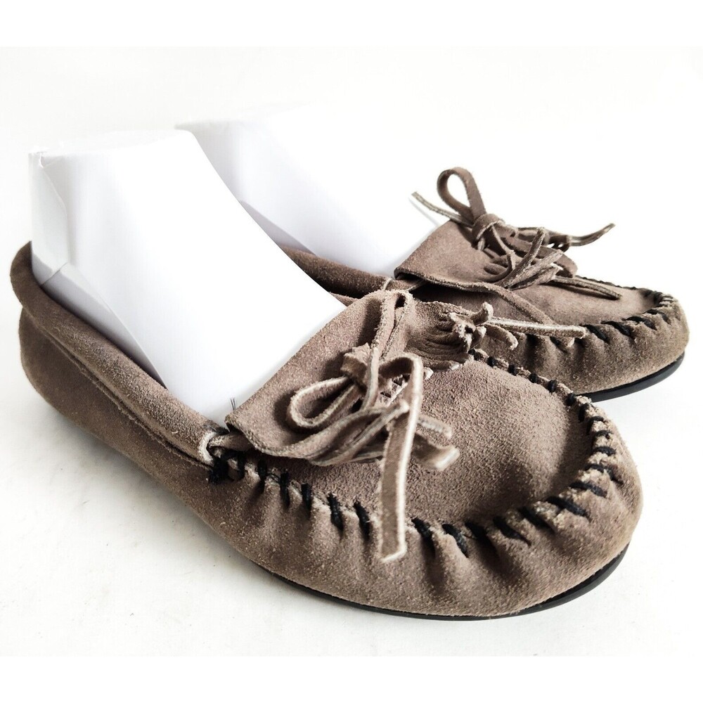 Minnetonka Flats 8 Boho Kilty Gray Suede Moccasins Womens Hard Bottom Boho Retro